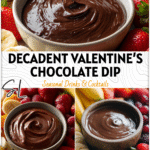 Bowl of Dark Chocolate Dip surrounded by colorful fruits ready to be dipped for Valentine’s Day.